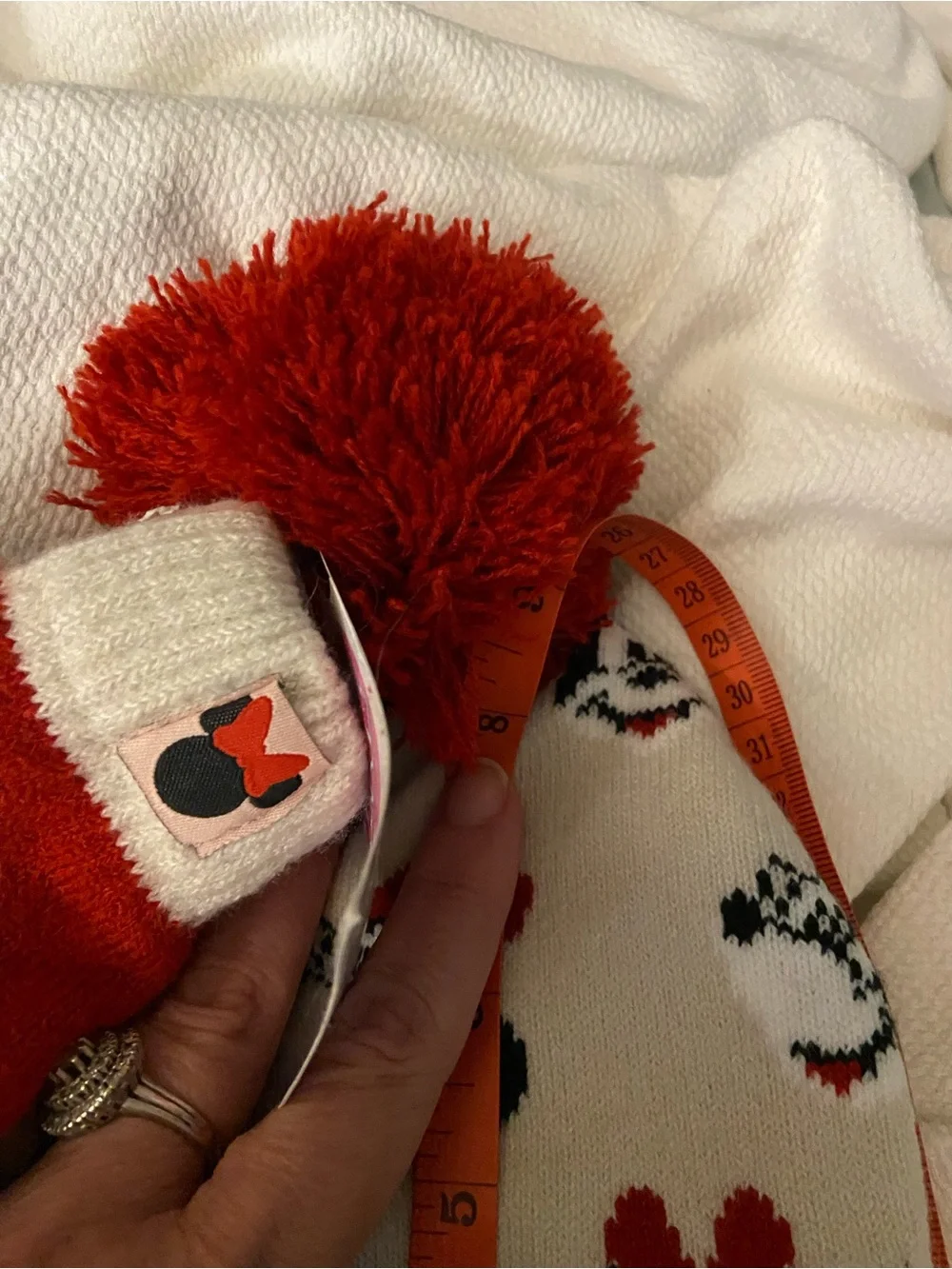 Disney Kids Minnie Mouse Red and Cream Pom Pom Hat with Matching Mittens